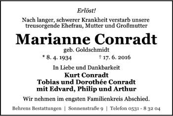 Traueranzeige von Marianne Conradt von Braunschweiger Zeitung