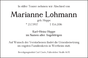 Traueranzeige von Marianne Lohmann von Braunschweiger Zeitung