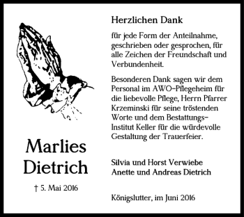 Traueranzeige von Marlies Dietrich von Helmstedter Nachrichten