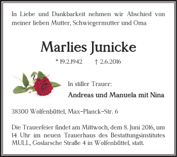 Traueranzeige von Marlies Junicke von Wolfenbütteler Zeitung