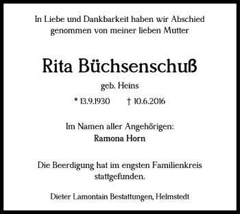 Traueranzeige von Rita Büchsenschuß von Helmstedter Nachrichten