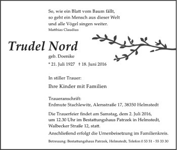 Traueranzeige von Trudel Nord von Helmstedter Nachrichten