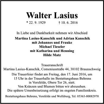 Traueranzeige von Walter Lasius von Wolfsburger Nachrichten