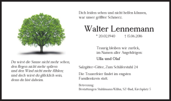 Traueranzeige von Walter Lennemann von Salzgitter Zeitung