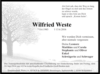 Traueranzeige von Wilfried Weste von Wolfenbütteler Zeitung