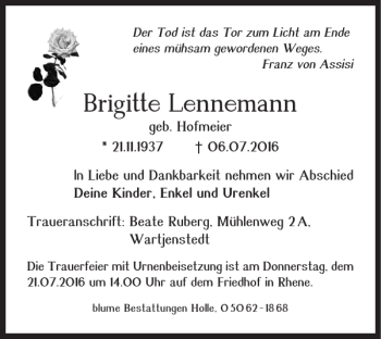 Traueranzeige von Brigitte Lennemann von Salzgitter Zeitung
