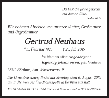 Traueranzeige von Gertrud Neuhaus von Wolfenbütteler Zeitung