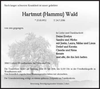 Traueranzeige von Hartmut Hammu Wald von Braunschweiger Zeitung