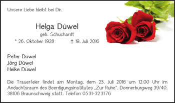 Traueranzeige von Helga Düwel von Braunschweiger Zeitung
