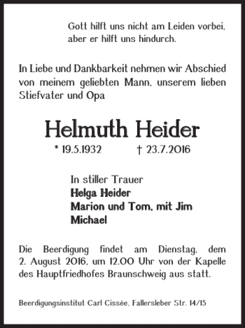 Traueranzeige von Helmuth Heider von Braunschweiger Zeitung
