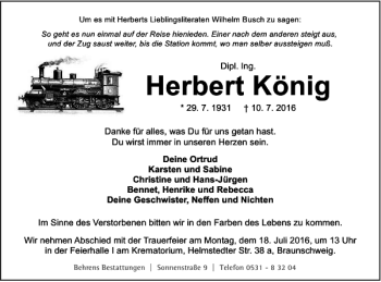 Traueranzeige von Herbert König von Braunschweiger Zeitung