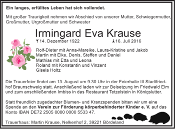 Traueranzeige von Irmingard Eva Krause von Braunschweiger Zeitung