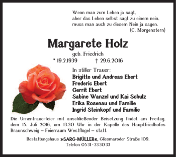 Traueranzeige von Margarete Holz von Wolfsburger Nachrichten