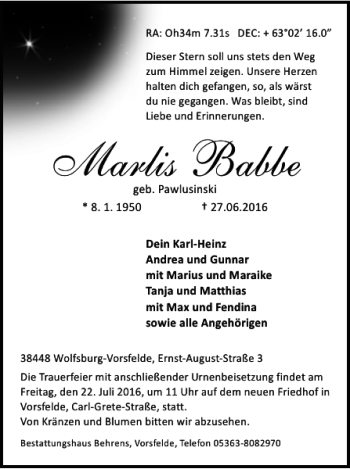 Traueranzeige von Marlis Babbe von Wolfsburger Nachrichten