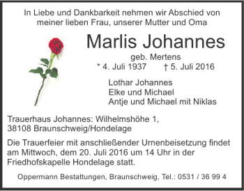 Traueranzeige von Marlis Johannes von Braunschweiger Zeitung