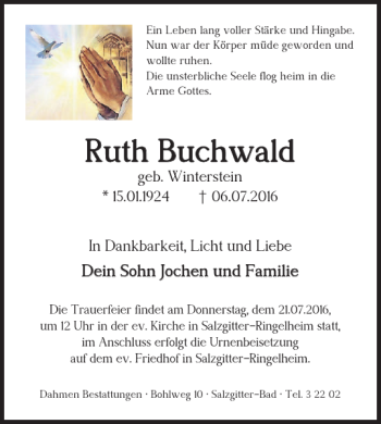 Traueranzeige von Ruth Buchwald von Salzgitter Zeitung