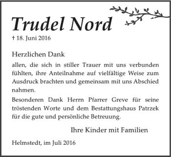 Traueranzeige von Trudel Nord von Helmstedter Nachrichten
