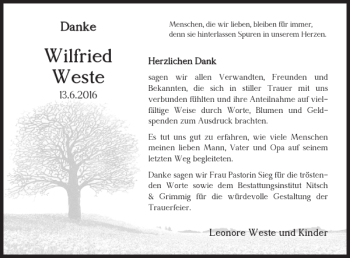 Traueranzeige von Wilfried Weste von Wolfenbütteler Zeitung