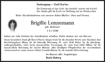 Traueranzeige von Brigitte Lennemann von Salzgitter Zeitung