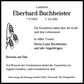 Traueranzeige von Eberhard Buchheister von Helmstedter Nachrichten