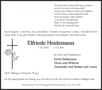 Traueranzeige von Elfriede Heidemann von Helmstedter Nachrichten
