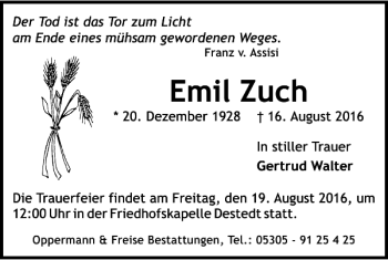 Traueranzeige von Emil Zuch von Wolfenbütteler Zeitung