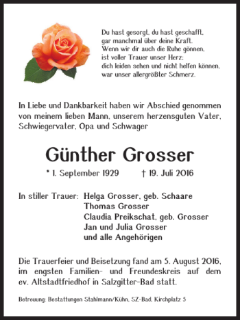 Traueranzeige von Günther Grosser von Salzgitter Zeitung