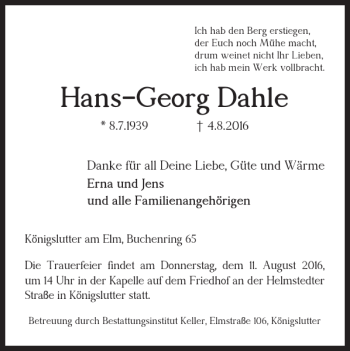 Traueranzeige von Hans-Georg Dahle von Helmstedter Nachrichten