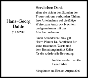 Traueranzeige von Hans-Georg Dahle von Helmstedter Nachrichten