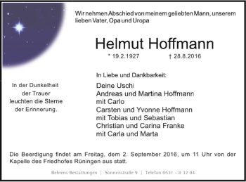 Traueranzeige von Helmut Hoffmann von Braunschweiger Zeitung