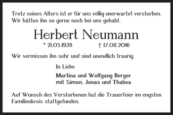 Traueranzeige von Herbert Neumann von Braunschweiger Zeitung