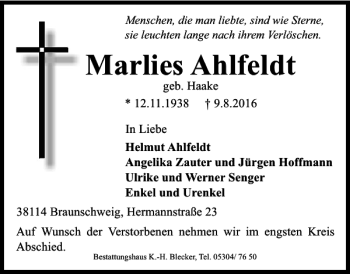 Traueranzeige von Marlies Ahlfeldt von Braunschweiger Zeitung