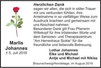 Traueranzeige von Marlis Johannes von Braunschweiger Zeitung