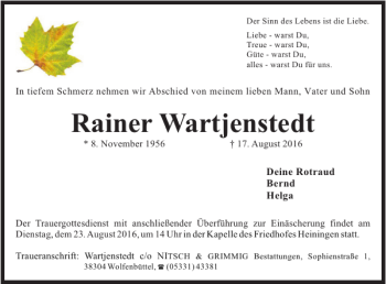 Traueranzeige von Rainer Wartjenstedt von Wolfenbütteler Zeitung