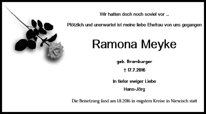  Traueranzeige für Ramona Meyke vom 04.08.2016 aus Helmstedter Nachrichten