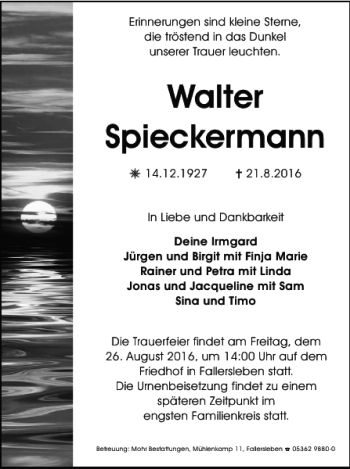 Traueranzeige von Walter Spieckermann von Wolfsburger Nachrichten
