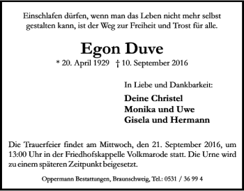 Traueranzeige von Egon Duve von Braunschweiger Zeitung