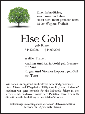 Traueranzeige von Else Gohl von Salzgitter Zeitung