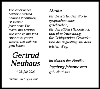 Traueranzeige von Gertrud Neuhaus von Wolfenbütteler Zeitung