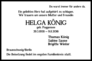 Traueranzeige von HELGA KÕNIG von Braunschweiger Zeitung