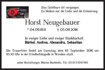 Traueranzeige von Horst Neugebauer von Braunschweiger Zeitung