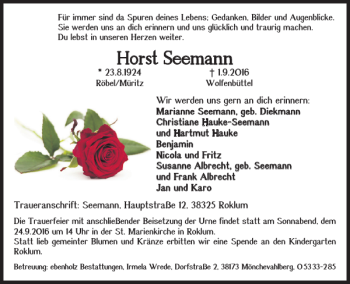 Traueranzeige von Horst Seemann von Wolfenbütteler Zeitung