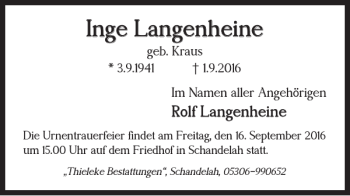 Traueranzeige von Inge Langenheine von Braunschweiger Zeitung