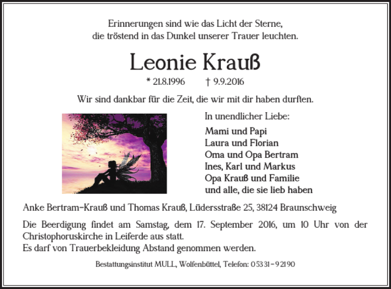  Traueranzeige für Leonie Krauß vom 14.09.2016 aus Braunschweiger Zeitung