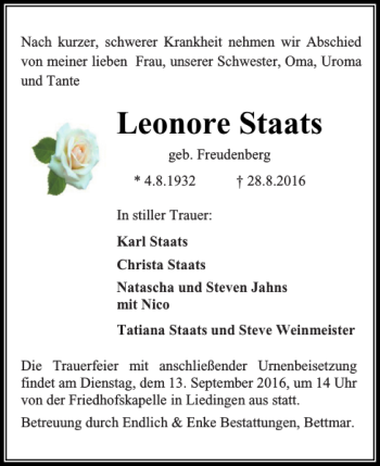 Traueranzeige von Leonore Staats von Peiner Nachrichten