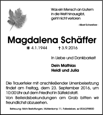 Traueranzeige von Magdalena Schäffer von Wolfsburger Nachrichten