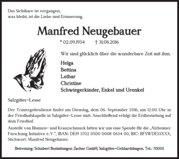 Traueranzeige von Manfred Neugebauer von Salzgitter Zeitung