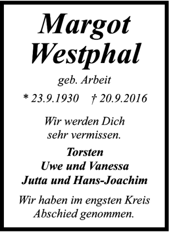 Traueranzeige von Margot Westphal von Braunschweiger Zeitung