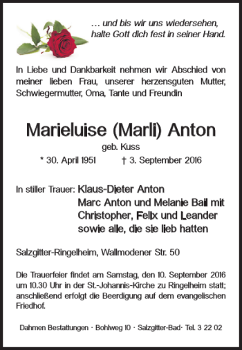 Traueranzeige von Marieluise Marli Anton von Salzgitter Zeitung
