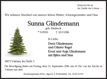 Traueranzeige von Sunna Glindemann von Wolfenbütteler Zeitung